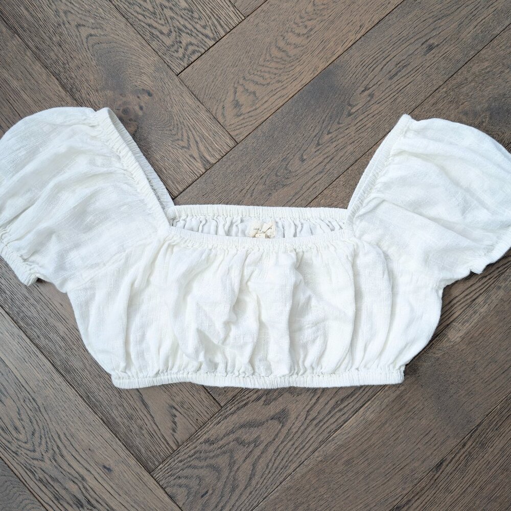LAUDE the Label White Organic Cotton Gauze Square Neck Puff Sleeve Crop Top - L